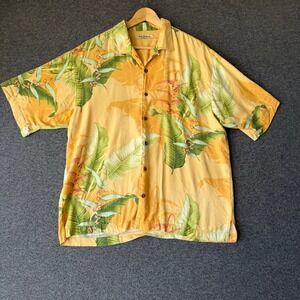 Tommy Bahama Men Large Orange Silk Tropical Palm Leaf Hawaiian Shirt Loop Collar